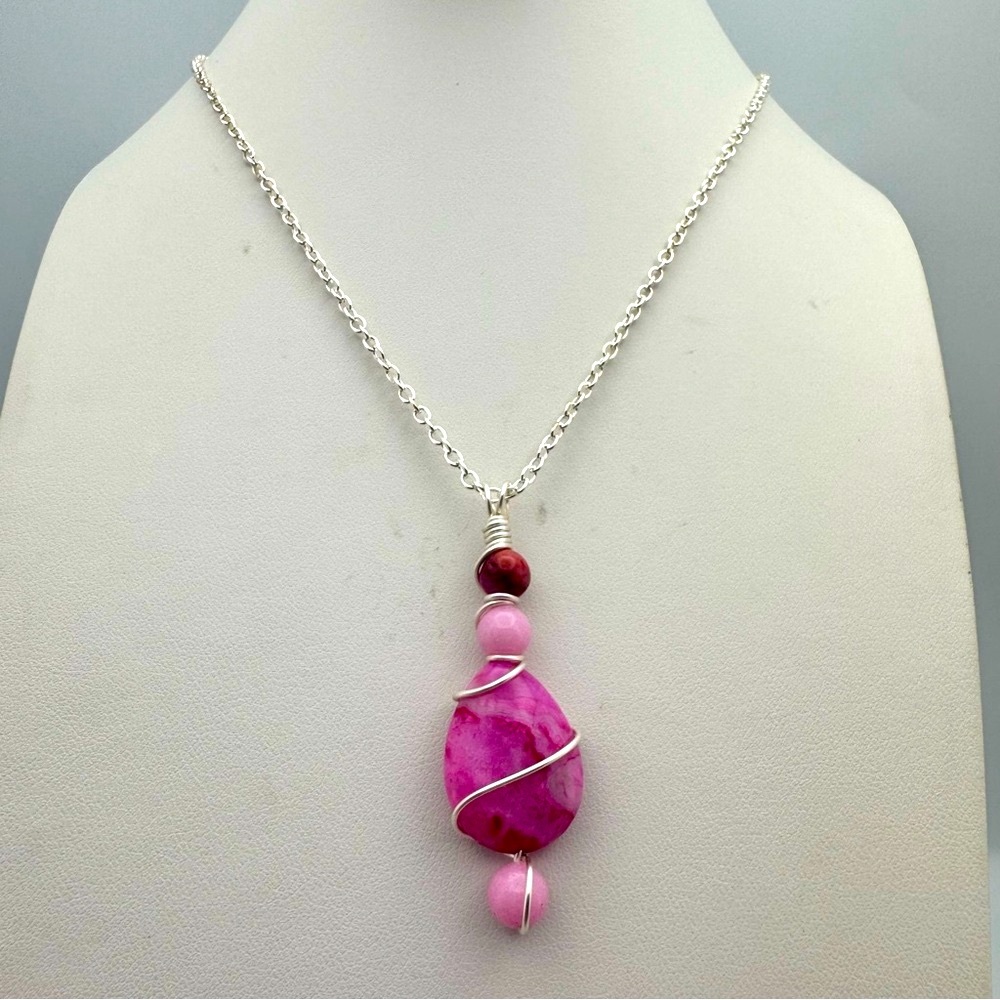 Wire-Wrapped Pink Gemstone Teardrop Pendant Necklace